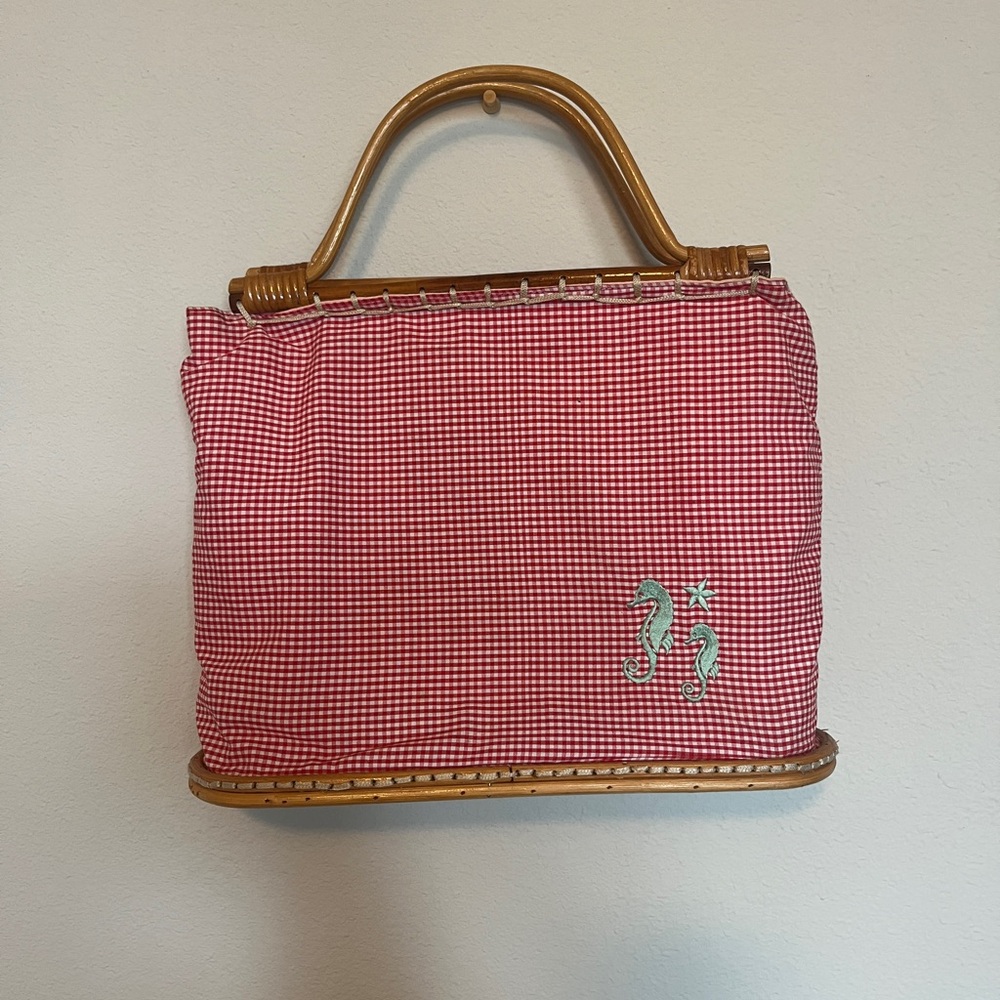 Red Gingham Handbag with Bamboo Handle